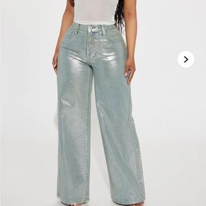 Fashion Nova Metallic Silver Flare Jeans
